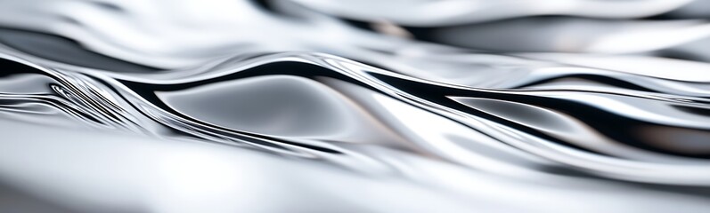 Poster - Abstract wavy metallic surface reflecting light in a serene, smooth texture.