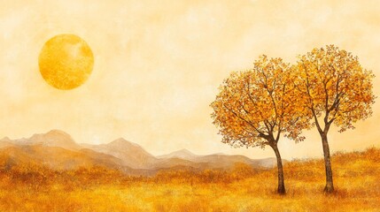 Golden autumn landscape with two trees and a bright sun over rolling hills evokes warmth and serenity.