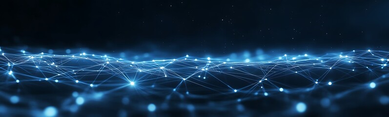 Aufkleber - Abstract digital landscape with glowing blue lights and network connections in a dark environment.