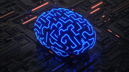Fototapete - Futuristic Neon Brain Design on Circuit Board Background