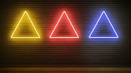 Poster - Neon Triangles on a Dark Brick Wall in Vibrant Colors