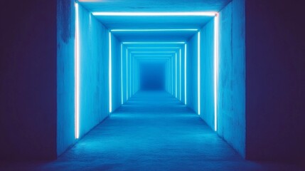 Poster - Futuristic Blue Neon Tunnel with Glowing Lights and Depth Perception