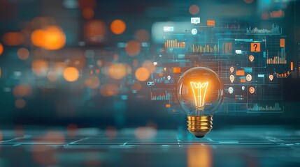 Poster - Innovative light bulb concept illustrating digital analytics and data visualization in a contemporary workspace environment focusing on technology and creativity