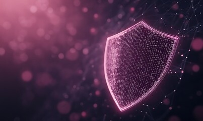 Poster - Digital shield with glowing particles on a dark background, symbolizing security and protection.