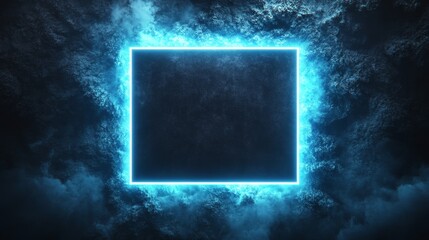 Fototapete - Glowing Blue Neon Frame on Dark Cloudy Background for Presentations
