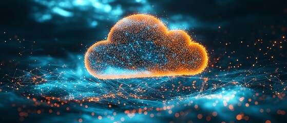 Poster - Abstract cloud computing image, central cloud icon formed by many small dots, connected by lines, conveying the concept of global data flow and tech innovation