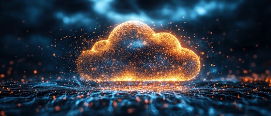 Poster - Abstract cloud computing image, central cloud icon formed by many small dots, connected by lines, conveying the concept of global data flow and tech innovation