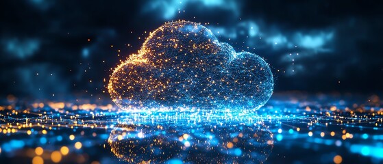 Poster - Abstract cloud computing image, central cloud icon formed by many small dots, connected by lines, conveying the concept of global data flow and tech innovation