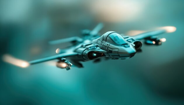 Teal Futuristic Spaceship in Flight, Digital Art