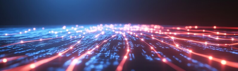 Leinwandbilder - Abstract digital background with glowing blue and red lines creating a dynamic flow effect.