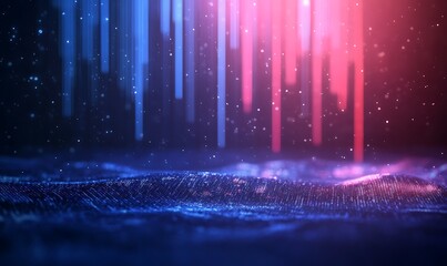Poster - Vibrant abstract digital landscape with colorful light rays and sparkling water effects.