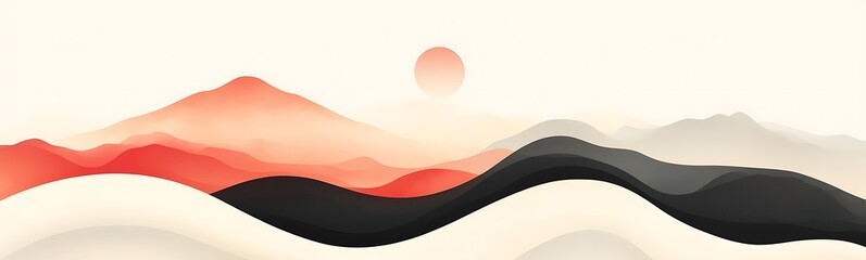Poster - Serene landscape with layered mountains and a soft sunset in warm hues.