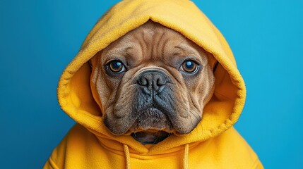 Poster - Brown dog in yellow hoodie, blue background studio shot