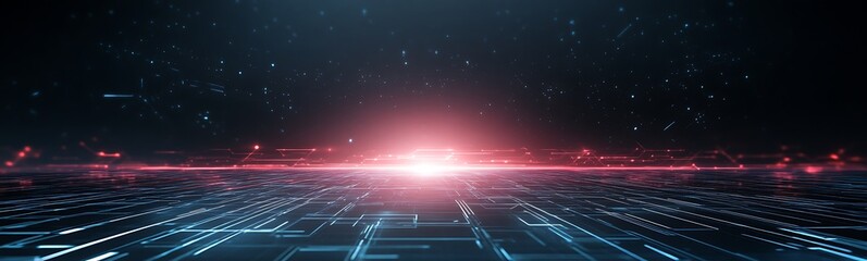 Aufkleber - Futuristic digital landscape with vibrant lights and glowing horizon.