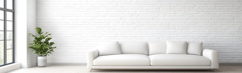 Poster - Modern white sofa in a minimalist living room with natural light and a green plant accent.