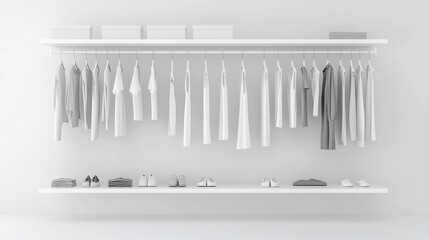 Poster - Monochrome Elegance, sleek closet displaying minimalist outfits in neutral tones, modern design emphasizes simplicity, spacious and clean environment enhances visual appeal