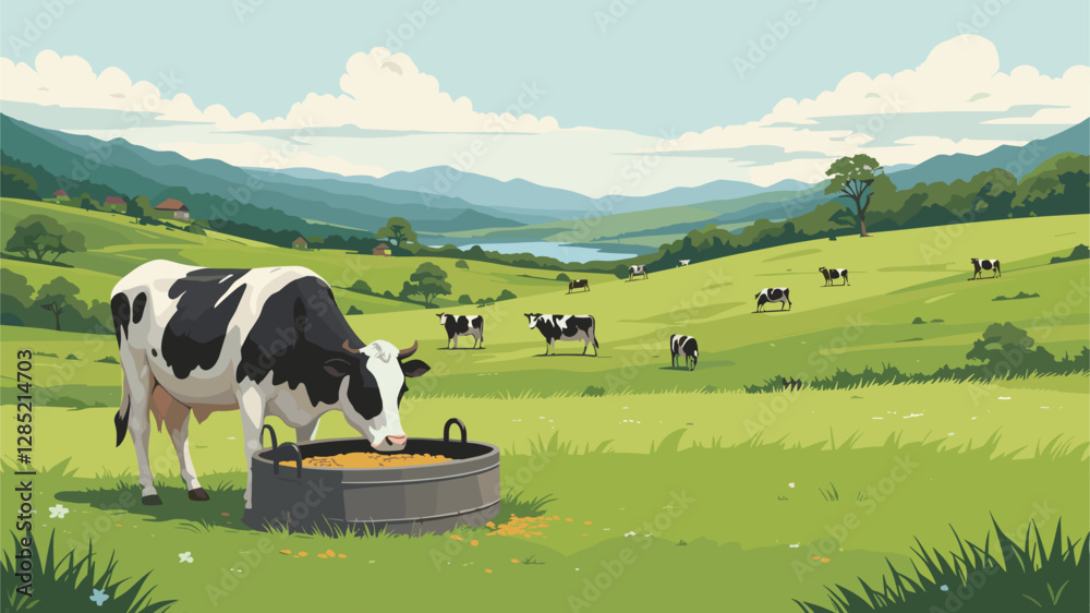 illustration of cows grazing in a green pasture with rolling hills in ...