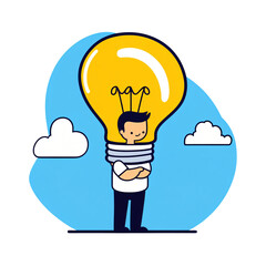 Wall Mural - cartoon illustration of man with idea standing inside light bulb with clouds isolated on transparent