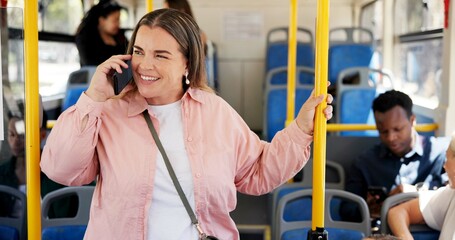 Poster - Travel, woman and happy with phone call on bus for morning commute, conversation and ride location. Person, smile and talking to contact in public transport for trip discussion, connection and chat