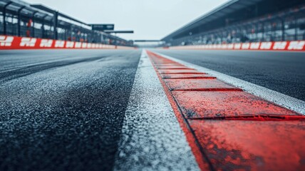 Wall Mural - a dramatic close-up shot of an empty f1 track focusing on the grid, showcasing the sleek asphalt and