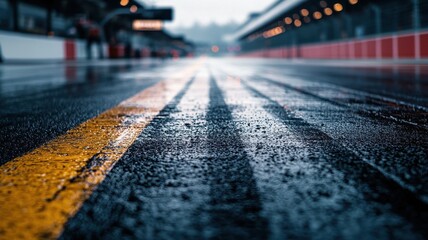 Wall Mural - an empty formula 1 track captured in a close-up shot, showcasing the wet asphalt and reflections aft