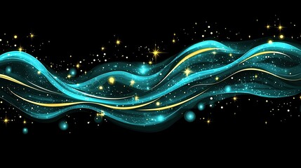 Poster - Teal and Gold Abstract Waves with Sparkling Stars