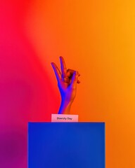Poster - Vibrant Cultural Engagement Blue Box with Diversity Day Card and Hand on Rainbow Backdrop - Inclusivity Drives Modern Corporate Creativity and Employee Engagement