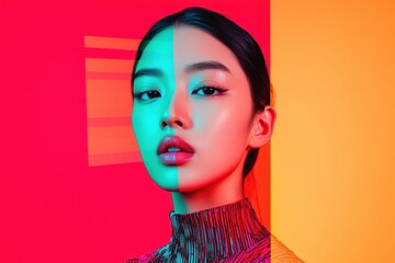 Aufkleber - Hyper-Modern Korean Virtual Influencer in Futuristic Cyber Dress - AI-Powered Fashion Innovation for Cutting-Edge Digital Branding and Metaverse Campaigns
