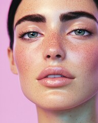 Aufkleber - Contemporary Virtual Influencer Hyper-Realistic Female AI Avatar with Metallic Hair Accents in Pastel Studio - Cutting-Edge Branding and Future Beauty Marketing