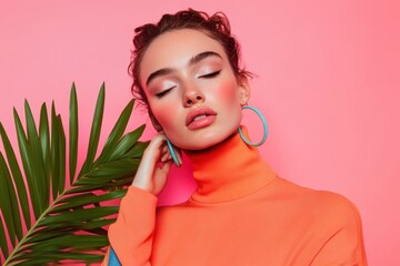 Leinwandbilder - Retro Fashion Renaissance Chic Studio Portrait of Young Woman in Vibrant Turtleneck and Hoop Earrings - Vintage Aesthetic for Fashion Marketing and Lifestyle Editorials