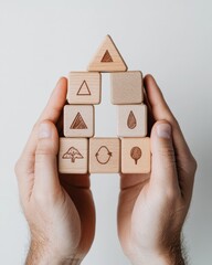Aufkleber - Natural Elements Strategy Display Hands Stacking Wooden Icon Blocks in Modern Design - Business Hierarchy Content for Leadership Development in Corporate Training
