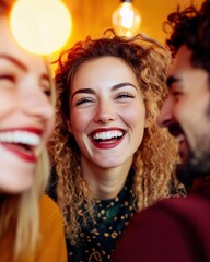 Aufkleber - Lively Cafe Stories Multicultural Friends Sharing Humor in Warm Ambience - Trendy Lifestyle Content for Social Engagement and Dining Experiences