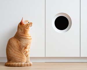 Poster - Minimalist Pet-Friendly Living Seamless Hidden Litter Box in Sleek White Cabinets with Light-Wood Floors - Ideal for Modern Home Organization and Stylish Pet Care Solutions