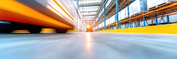 Fototapete - Dynamic Industrial Aesthetic Forklift Navigating Streamlined Warehouse Pallet System - Efficiency and Safety in Modern Materials Handling Operations for Business Innovation