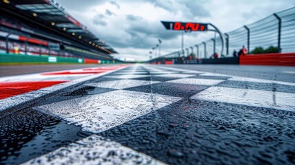 Wall Mural - a close-up view of a wet checkered finish line at silverstone circuit, capturing the dramatic atmosp