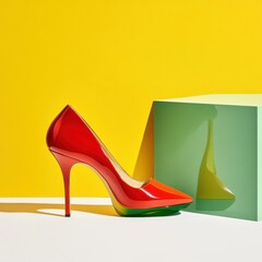 Aufkleber - Retro Flared Heel Stiletto on Bold Backdrop Vibrant Lacquered Pump for Contemporary Fashion Content and Visual Merchandising Innovation