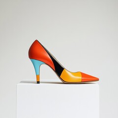 Poster - Retro Chic Revival Vintage-Inspired Flared Heel Pumps in Bold Colors on Minimalist White Stand - Vibrant Fashion Content for Trendsetting Footwear Marketing