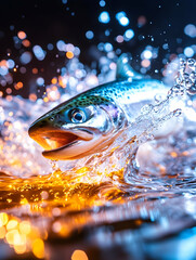 Wall Mural - salmon leaping, water splash, dark background, food photography