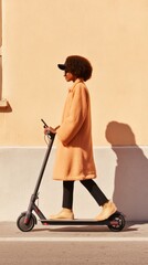Leinwandbilder - Smart Mobility Fashion Young Woman in Chic Outerwear Using Smartphone on E-Scooter - Urban Transit Innovation and Connectivity for Modern City Lifestyle
