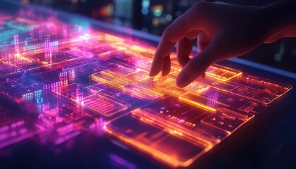 app developers working in a modern workspace with glowing holographic design tools, vibrant tech off