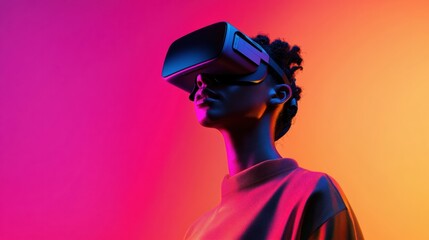Poster - Neon Virtual Reality Experience Sleek VR Headset on Modern Individual against Gradient Backdrop - High-Tech Lifestyle Content and Immersive Entertainment Branding