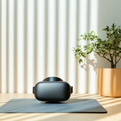 Poster - Minimalist VR Headset on Eco-Friendly Mat Sleek Immersive Fitness Gear in Sunlit Korean Home Gym - Modern Wellness Tech for Sustainable Health and Lifestyle