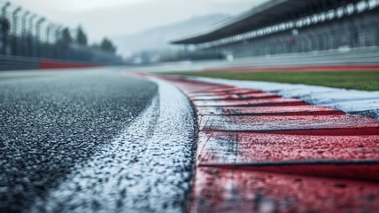 Wall Mural - this image captures an empty formula 1 track, focusing on the curved exit lined with vivid red and w