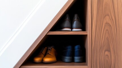 Poster - Modern Under Stair Storage Sleek Wooden Drawers for Efficient Small Space Organization - Ideal for Real Estate Marketing and Home Renovation Projects