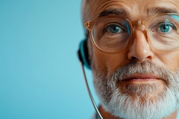 Poster - Contemporary Digital Healthcare Mature Male Doctor with Headset in Blue Modern Office - Advanced Virtual Consultation and Telemedicine Solutions for Global Health Engagement