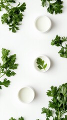 Poster - Modern Culinary Artistry Fresh Herb Garnish on Minimalist White Background - Commercial Food Styling and Professional Gastronomic Presentation for Culinary Marketing