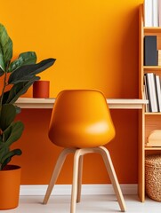 Poster - Modern Biophilic Study Space Vibrant Orange Wall with Wooden Shelving and Desk - Contemporary Library Design for Enhanced Learning Environment and Educational Content Creation