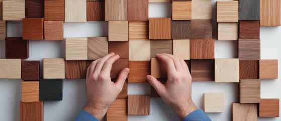 Aufkleber - Hands-On Strategy Creation Wooden Blocks on Desk - Engaging Business Development Content for Contemporary Professional Growth and Strategic Planning