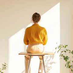 Fototapete - Scandinavian Home Office Woman in Mustard Blouse at Wooden Desk with Sunlight and Greenery - Modern Workspace Design and Productivity Enhancement