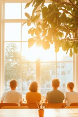 Poster - Sunlit Open Office Collaboration Team Dynamics Underneath Urban Foliage in a Modern Workspace - Optimizing Productivity and Creative Meetings for Contemporary Business Culture